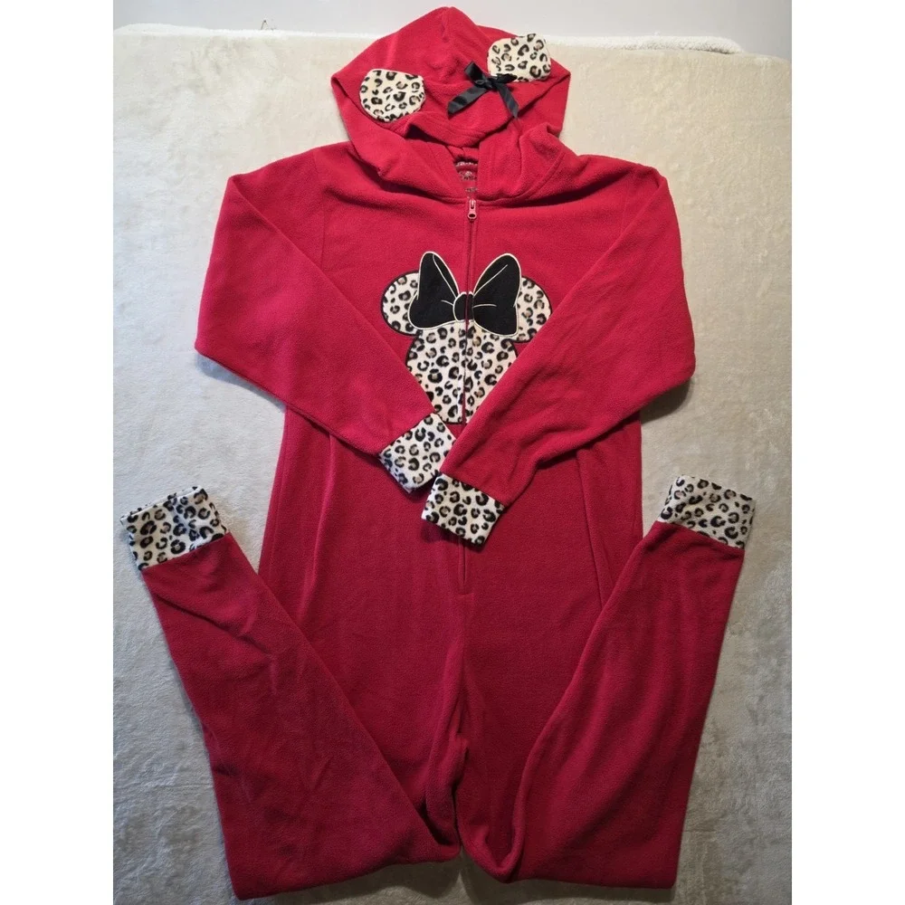 Disney Adult Minnie Mouse Red & Leopard Fleece 1 Pc Jumpsuit Pajamas Hood Size M - Picture 1 of 10